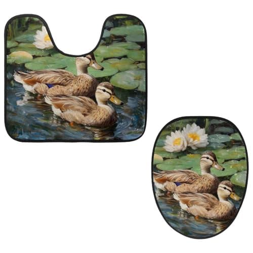 Image of VAPOKF 2 Pieces Pedestal Bathroom Rugs Set, U-Shaped Contour Mat and Toilet Lid Cover, Soft Non-Slip Flannel Bathroom Mat Toilet Seat Cover - Ducks on Lotus Pond