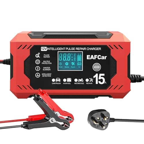 Image of EAFCSZ Car Battery Charger, 12V 15Amp Automatic Smart Charger Monitor Battery with LCD Screen Temperature Compensation, Intelligent Charges, Repairs, Maintains Car Motorcycle Boat Mower Battery (15A)