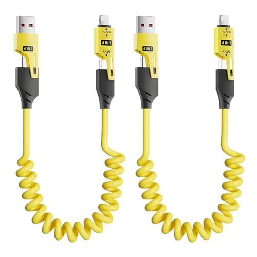 Image of Duunshylw 2 Pack Coiled CarPlay Cable 4-in-1 USB A/C to USB C/Lightning 1.5m/65W USB Fast Charging Cable for Car iPhone Android Auto MacBook iPad Galaxy Switch All Devices