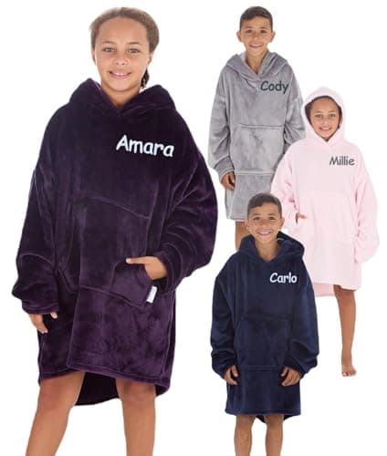 Image of Personalised Kids Oversized Hoodie Blanket Soft Fleece Wearable Hoody Childrens Snuggle Cosy Hooded Blanket for Girls Boys Age 7-13 Years (Purple 7-13 Years)