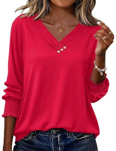 Image of Rapbin Ladies Blouses 3/4 Length Sleeve V Neck Summer Casual Shirt Elegant Tunics Basic Work Tops for Women Red-L