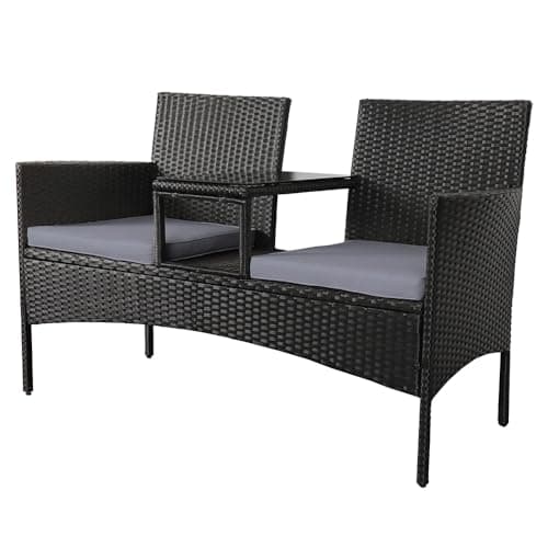 Image of Panana Rattan Loveseat, 2 Seater Garden Bench with Cushions & Built-In Glass Table, PE Wicker Patio Love Seat for Outdoor Balcony, Poolside & Conversation Set (Black Rattan with Grey Cushions)