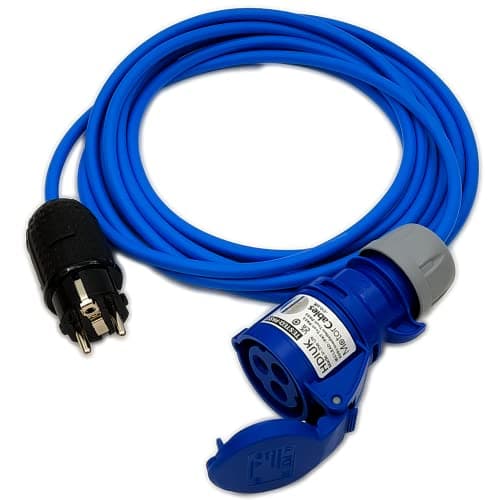 Image of CEE 7/4 7/7 Type E/F schuko plug to Blue UK 16A Power Hookup Cable. 220v / 250v AC 16Amp IP44 Outdoor Rated (5 Metre)