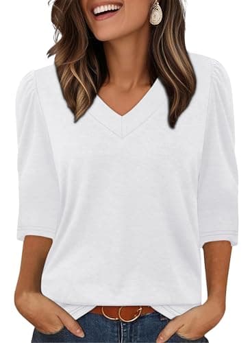 Image of Aokosor Womens Tops 3/4 Puff Sleeve White Bloues V Neck T Shirts for Women UK Size 14-16