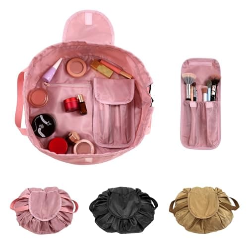 Image of Drawstring Cosmetic Bag for Women - Barrel Drawstring Makeup Bag Lay Flat for Travel Toiletry Bag with Brush Bag (Pink)
