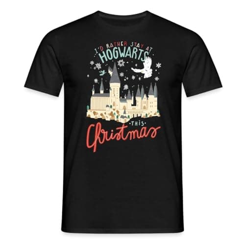 Image of Spreadshirt Harry Potter I'd Rather Stay At Hogwarts Christmas Men's T-Shirt, 3XL, Black