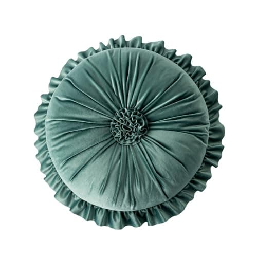 Image of HUIZHENSHENG 13.8" Soft Pleated Flower Circle Cushion,Boho Velvet Ruffle Round Throw Pillowfor Sofa Bed Chair Car Floor Home Decor(Color:green)