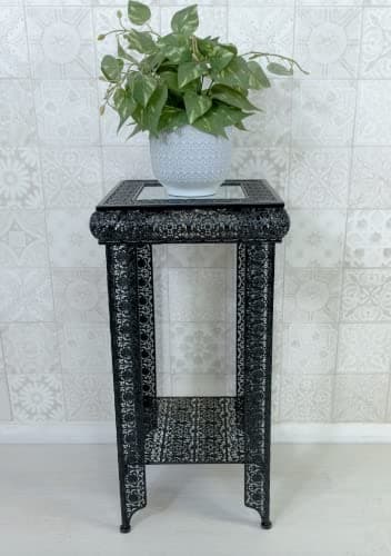 Image of DOWNTON INTERIORS Black Moroccan Embossed Metal Mirrored Glass Side End Lamp Plant Table with Shelf (GZ437) Part of the AGADIR Collection