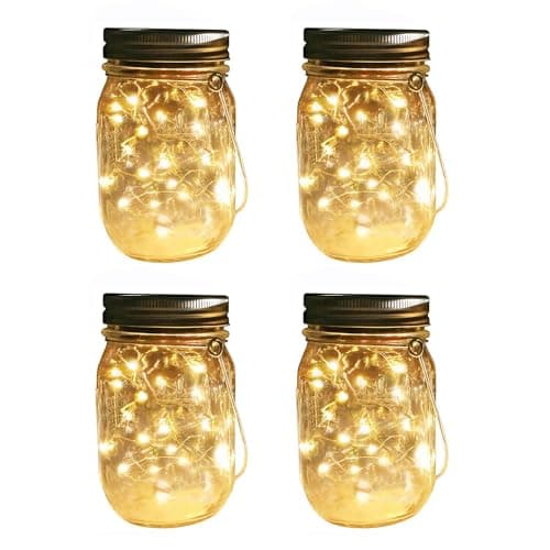 Image of YzoTek Solar Mason Jar Lights - 4 Pack 30 LED Fairy Firefly String Lights Hanging Starry Lantern Sets, Outdoor Waterproof Patio Porch Garden Yard Balcony Lawn Handmade Wall Lighting Decor