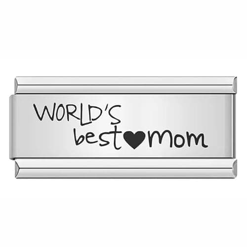 Image of Dad Family Daughter Worlds Best Mom Mum Superlink Double Charm Silver Italian 9mm Link Stainless Steel Bracelet Compatible With Modular 9mm Link (Worlds Best Mom Mum Superlink Double Charm)