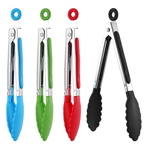 Image of Pinenuts 4 Pcs Kitchen Tongs, 8” Non-Slip Stainless Steel Cooking Tongs with Locking Clip for Cooking, BBQ, Serving, Heat Resistant Handle, Food Grade, Assorted Colour