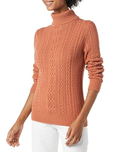 Image of Amazon Essentials Women's Cable Knit Turtle Neck Jumper (Available in Plus Size), Caramel, XS