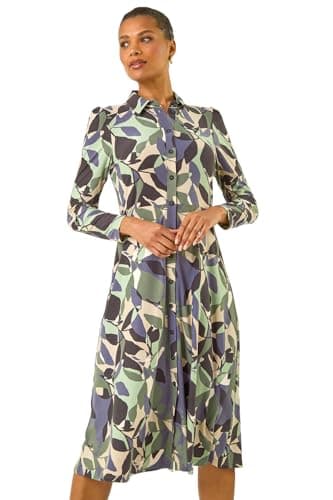 Image of Roman Originals Shirt Dress for Women UK- Ladies Long Sleeve Belted Collared Midi Maxi Winter Autumn Smart Casual Button Through Evening Office A Line Swing Skater - Purple Abstract - Size 16