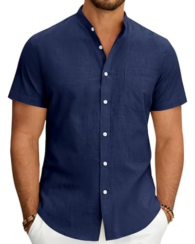 Image of J.VER Men's Fashion Linen Shirts Men Short Sleeve Grandad Collar Button Down Summer Holiday Beach Lightweight Shirt with Pocket Navy Blue M