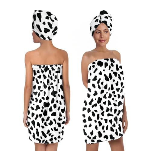 Image of BaBakiak Cow Print Bath Wrap Set with Hair Turban, Black and White Pattern Spa Towel Wrap, Towel Robe for Women