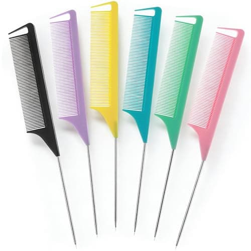 Image of 6Pcs Rat Tail Comb Set Fine Tooth Comb with Stainless Steel Pintail 6 Colors Pintail Hair Comb 8.66 Inch Tail Combs for Women Sectioning Parting Braiding Styling