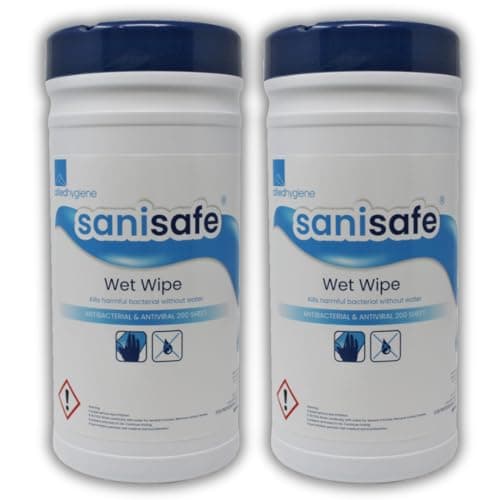 Image of Sanisafe Disinfectant Wipes – 200 Large Wipes per Tub – Food Safe, EN1276 & EN14476 Tested – Antiviral, Antibacterial – Pack of 1/2/4 (200 Count (Pack of 2))