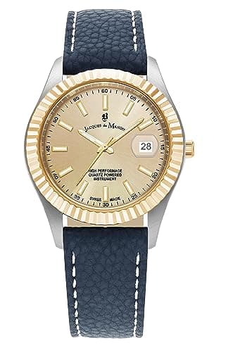 Image of Jacques Du Manoir Inspiration Men's Watch, Stainless Steel, 40.5 mm, Leather Strap, Blue, 5 Bar, Gold Dial, Date Display, JWG03005