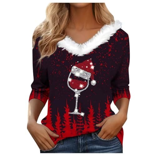 Image of Black White Pink Womens Christmas Tree Sweatshirts UK Long Sleeve Novelty Funny Print Glitter Jumper Oversized V Neck Xmas Holiday Casual Shirts Fashion Pullover Tops Fall 2xl 4xl Size 22 20 18 16 14