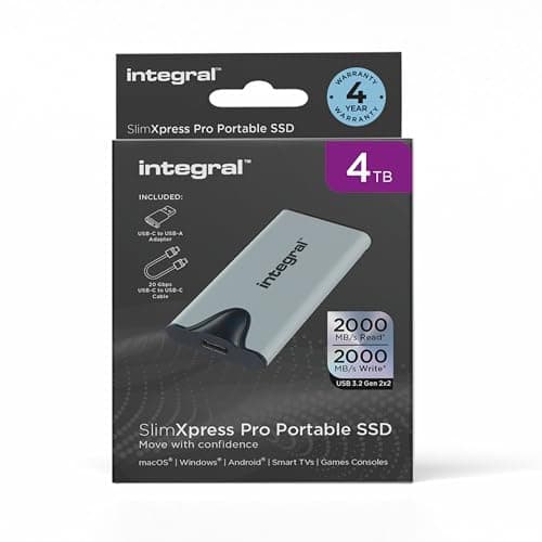 Image of Integral SlimXpress Pro 4TB Portable SSD External Hard Drive: USB-C, 2000MB/s Read/Write, USB 3.2 Gen 2x2, Compact Design, Plug & Play, Compatible with Mac, Windows PC, Android, Xbox, PlayStation
