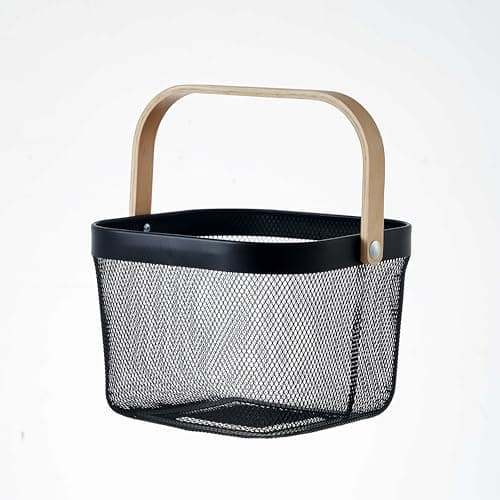 Image of Eden & Willow Mesh Wire Metal Storage Basket with Wooden Handle - Versatile Organiser for Kitchen, Bathroom, Office - Stackable & Durable (Black, Small)