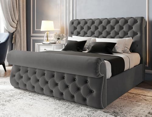 Image of Furnishion Sworn Sleigh Super King Bed Frame, 6ft Super King Size Bed, Luxury Plush Velvet Upholstered Panelled Design, Strong Wooden Beds Frame 6ft Size with High Headboard in Grey Plush