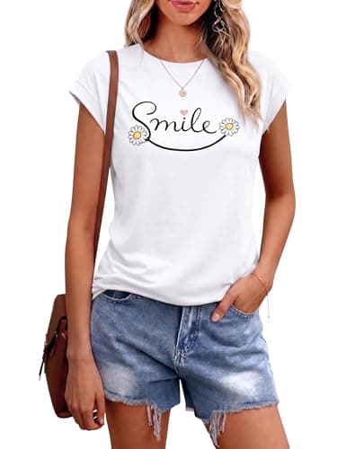 Image of Aottori T-Shirt Women Summer Short Sleeve Scoop Neck T Shirts UK Smile Letter Print Tee Tops Basic Loose Fit Tshirt White S