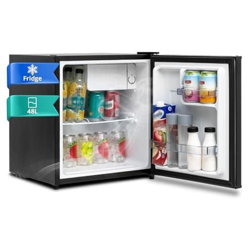 Image of SMETA Mini Fridge 48L Small Table Top Beer Fridge 220-240V,Drinks Fridge with Reversible Door & Chiller Box, 6-Level Adjustable Thermostat, 39 dB - Perfect for Office& Bedroom, Energy Efficient, Black