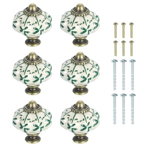 Image of sourcing map 6Pcs Ceramic Knobs, 35mm/1.38" Pumpkin Cabinet Knob Drawer Pull Handle Vintage Drawer Knobs with Screws for Vanity Bedroom Furniture Closet, Green