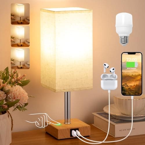Image of Aooshine Bedside Lamps, Table Lamp for Living Room Bedroom, Touch Lamps Bedside with USB A+C Charging Ports, Dimmable Bedroom Lamp with Fabric Shade for Kids Room, Study, Dorm, Office(Bulb Included)