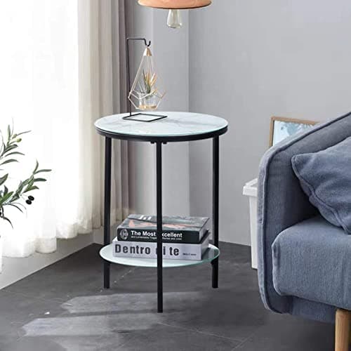 Image of GOLDFAN Marble Effect Side Table Small Round Coffee Table End Table Metal Bedside Table with 2 Tier Storage for Living Room Bedroom