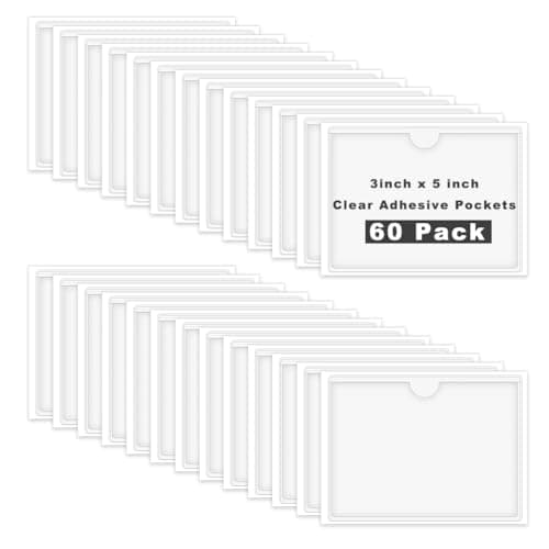 Image of 60 Pack Clear Self Adhesive Label Pockets, Label Holders Index Card Pockets Card Holder Shelf Label Holder for Organizing and Protecting (3.7 x 5.3 inches)