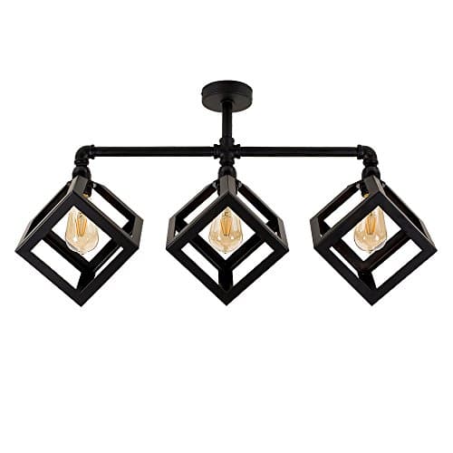 Image of MiniSun | Industrial Steampunk Satin Black 3 Way Bar Pipework Ceiling Light with Puzzle Cube Black Metal Shades | Pendant Lights, Home Décor & Improvement Essential | Mains Wired