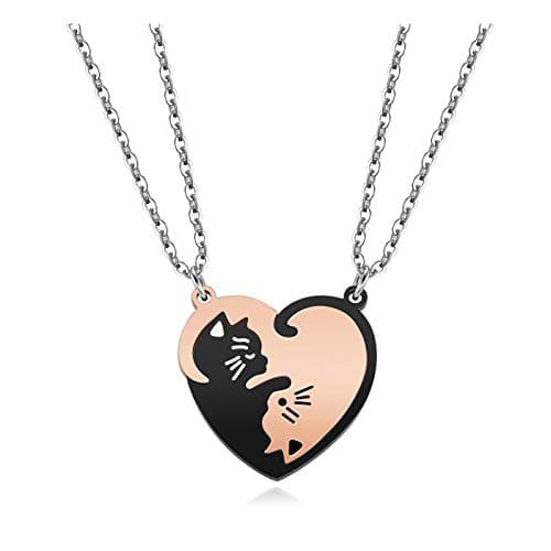 Image of Jovivi 2pc Matching Couples Necklace Valentines Gifts Him Her Stainless Steel Friendship Ying Yang Cat Heart Puzzle Necklace for Boyfriend Girlfriend Best Friend Birthday Presents, Black + Rose Gold