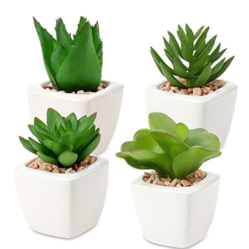 Image of Hollyone 4PCS Small Fake Succulent Plants, Artificial Succulent in White Ceramic Pot, Decorative Faux Plants Office Desk Accessories, Greenery for Home Decor, Bathroom, Bedroom, Table Decorations