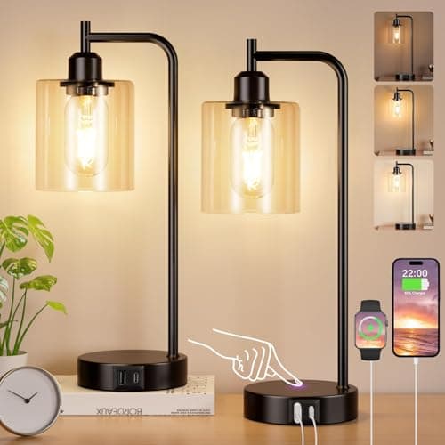 Image of Aooshine Bedside Lamps Set of 2, Industrial Touch Lamps Bedside with USB C+A Charging Ports, Bedside Table Lamps for Bedroom, Black Bedside Lamps with Clear Glass Shade for Living Room(Bulbs Included)