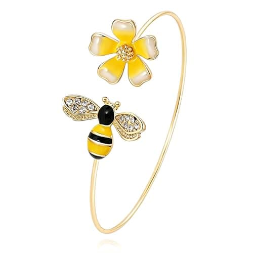 Image of MANZHEN Fashion Yellow Flower and Honey Bee Adjustable Charm Bangle Bracelet Women Jewelry, 5 6 inch, Zinc, enamel