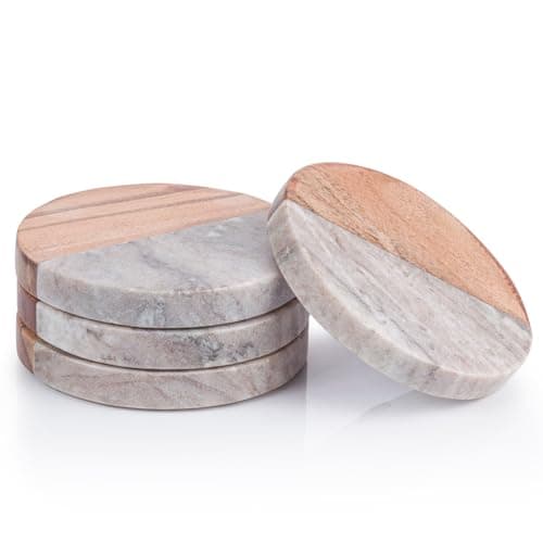 Image of Woodluv Round Coasters Set of 4, Marble & Wooden Coasters Set Non-Slip Coasters for Drinks, Coffee Pads Beer Bar Mat