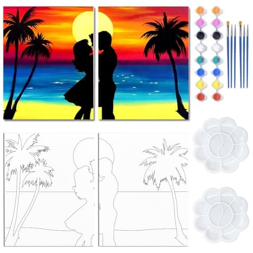 Image of WEBEEDY 2 Packs Pre Stretched Canvas Paint and Sip Kit for Couple's Date Night, Sunset Pre Drawn Beach Canvas for Painting Party Wedding Anniversary Valentine's Day Gift Wall Art Home Decor, 20x25cm