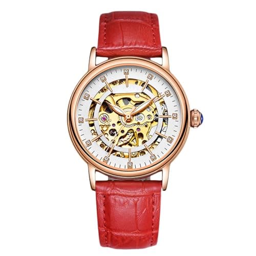 Image of RORIOS Automatic Mechanical Watch for Women Luminous Simulated Diamond Skeleton Ladies Watches, Red A, Strap