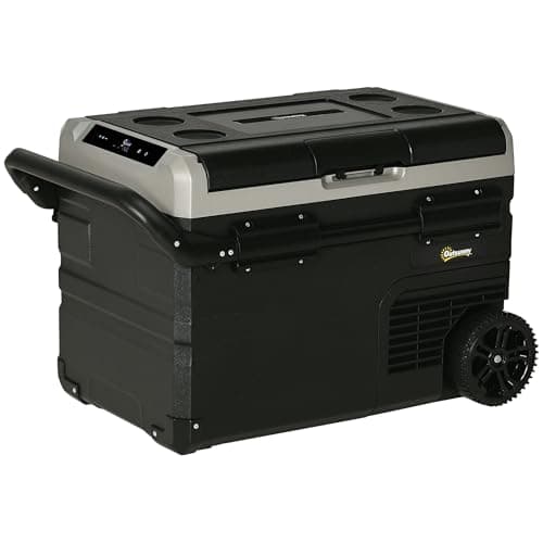 Image of Outsunny 40L Car Refrigerator, Portable Compressor Cooler Box, Fridge Freezer w/Inner LED Light, Foldable Handles, Cup Holders, 12/24V DC and 110-240V AC for Campervan RV Boat Travel Down to -20℃