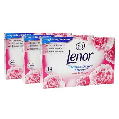 Image of Lenor 3 Pack Fabric Conditioner Dryer Sheets Pink Blossom 34 Sheets Each | Long-Lasting Fresh Floral Scent | Reduces Static Cling | Softens Fabrics | Tumble Dryer Freshness Booster