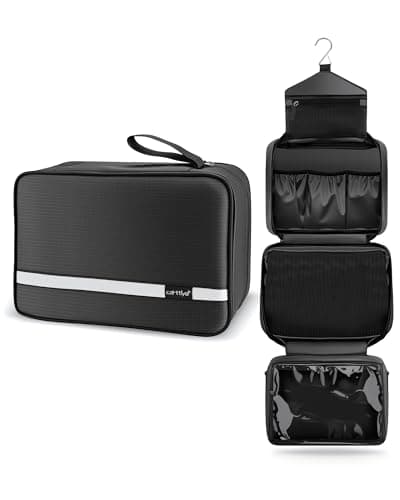 Image of Carttiya Hanging Travel Toiletry Bag - Large Wash Bag for Men and Women, Waterproof Foldable Cosmetic Bag Make up Toiletry Bag with Hook for Business Trip, Gym, Vacation and Household (Black)