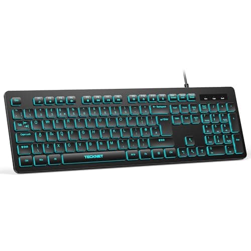 Image of TECKNET Wired USB Keyboard, Backlit 7-Colors & Adjustable Brightness,Full-Size Keyboard with Numeric Keypad, Spill-Resistant Design, QWERTY UK Layout, Compatible with PC Laptop Desktop Windows