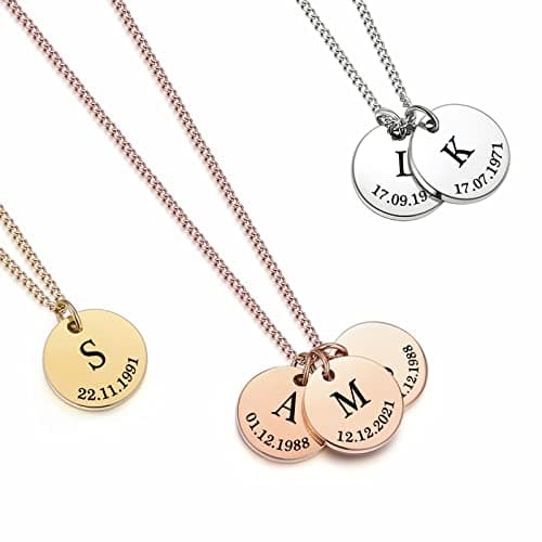 Image of TMT Personalised necklace for women | Initial necklace with date engraved (Silver, Gold, Rose Gold) | Customised pendant Ideal personalised birthday gift for Mother Daughter Grandmother Sister Auntie