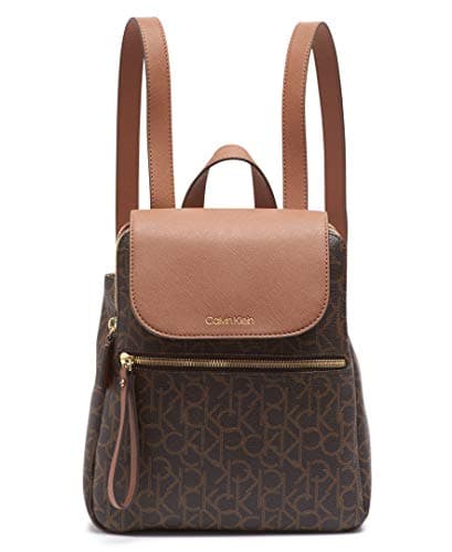 Image of Calvin Klein Women's Elaine Signature Key Item Flap Backpack, Brown/Khaki/Luggage Saffiano, One Size