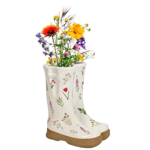 Image of Dibor Ceramic Wellington Boot Plant Pots with Botanical Print Outdoor/Indoor Plant Pot Flower Houseplant Planter Wedding Anniversary Fathers Day Gardening Gift (Floral Print)