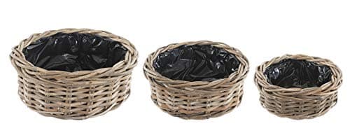Image of Bliss and Bloom Wicker Planter Indoor/Outdoor SET OF 3 Flower Pot Basket Lined Grey Buff Rattan ROUND