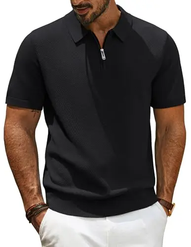 Image of PJ PAUL JONES Mens Polo Shirts Short Sleeve Quarter Zip Knitted T Shirt Golf Polo Black XL