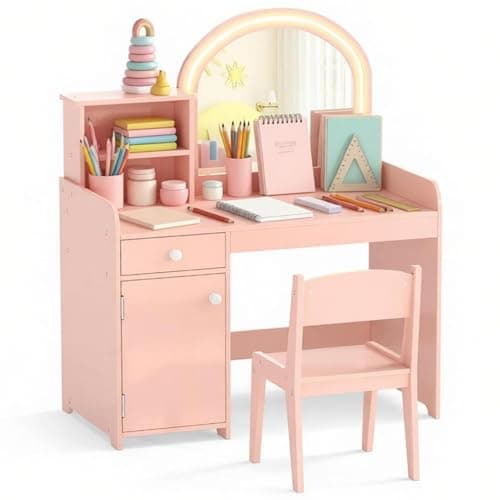 Image of Maxmass Kids Vanity Table and Chair, Wooden Children Study Table with 2-Color LED Lights Mirror, 2-Tier Shelf, Drawer & Cabinet, Multifunctional Dressing Table Set for Toddlers (Lotus Pink)